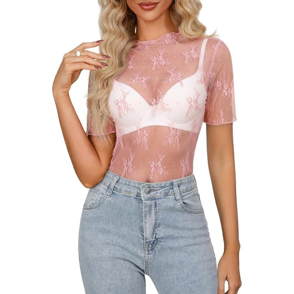 🆕Women's Pink Mesh Sheer Long Sleeve Mock Neck Sexy Lace Floral Blouse Top
